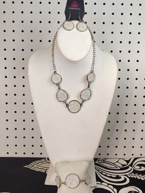 paparazzi White Marbled Stone Necklace, Earrings & Bracelet Set
